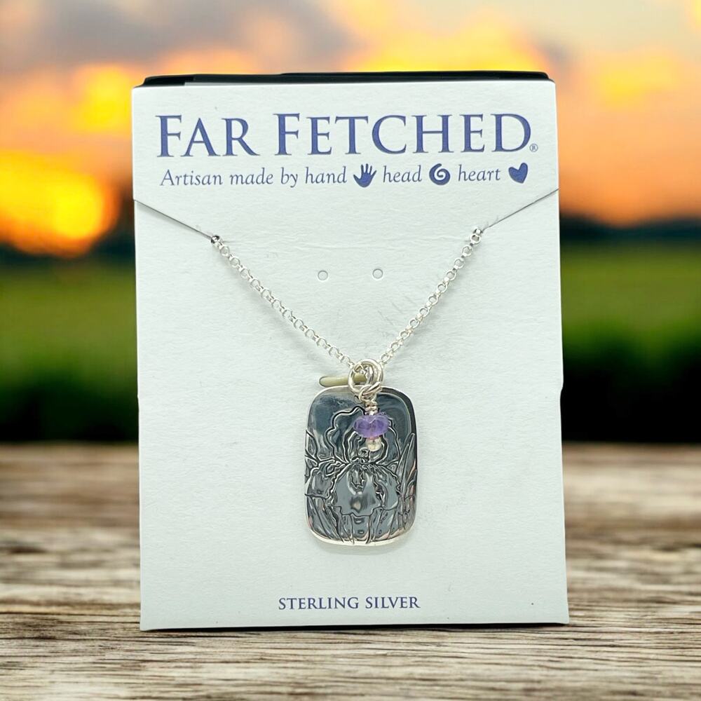 Far Fetched Amethyst Iris Flower Quote Pendant Necklace 925 Sterling Silver - Picture 3 of 4